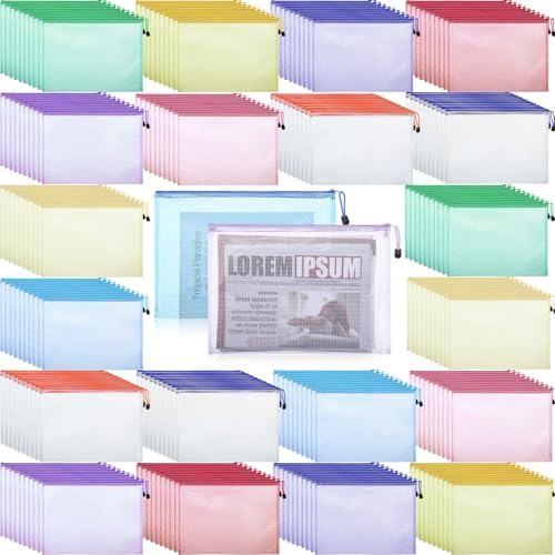 200 Pcs A4 Mesh Zipper Pouch Bulk Waterproof Mesh Zipper Organizer Plastic File Folder Case for...