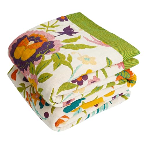 Image of VANJOROY Boho Throw Blanket, 100% Organic Cotton Breathable Ultra Soft 91 inch x 108 inch King Bed Quilt Throw - All Season Floral Rustic Farmhouse Decor Luxury Blanket for Sofa Couch Chair and Gift