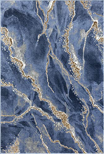 Tapete contemporáneo azul y dorado metálico 7'9" x 10'2" miniatura 2