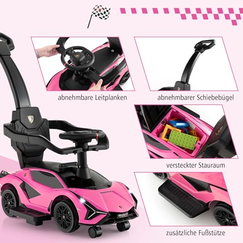 DREAMADE 3-in-1 Rutschauto Lamborghini, Rutschfahrzeug mit Schiebestange, Musik, Lichter & Sicherheitsbügel, Schiebauto für Kinder 18-60 Monate, belastbar bis 25kg (Rosa) – Bild 5