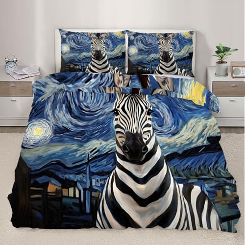 Image of XEODIAT Black and White Zebra Duvet Cover Set 3 PCS Blue Starry Night Bedding Set Creative Animals 3D Duvet Cover with Pillowcases, for Soft Microfiber Quilt Cover with Zipper Closure (200×200cm)