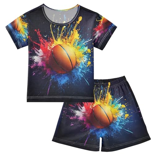 ALAZA Basketball Colorful Watercolor Pajamas Set Short Sleeve Cotton Sleepwear Summer Pjs 2 Piece 5-14Y