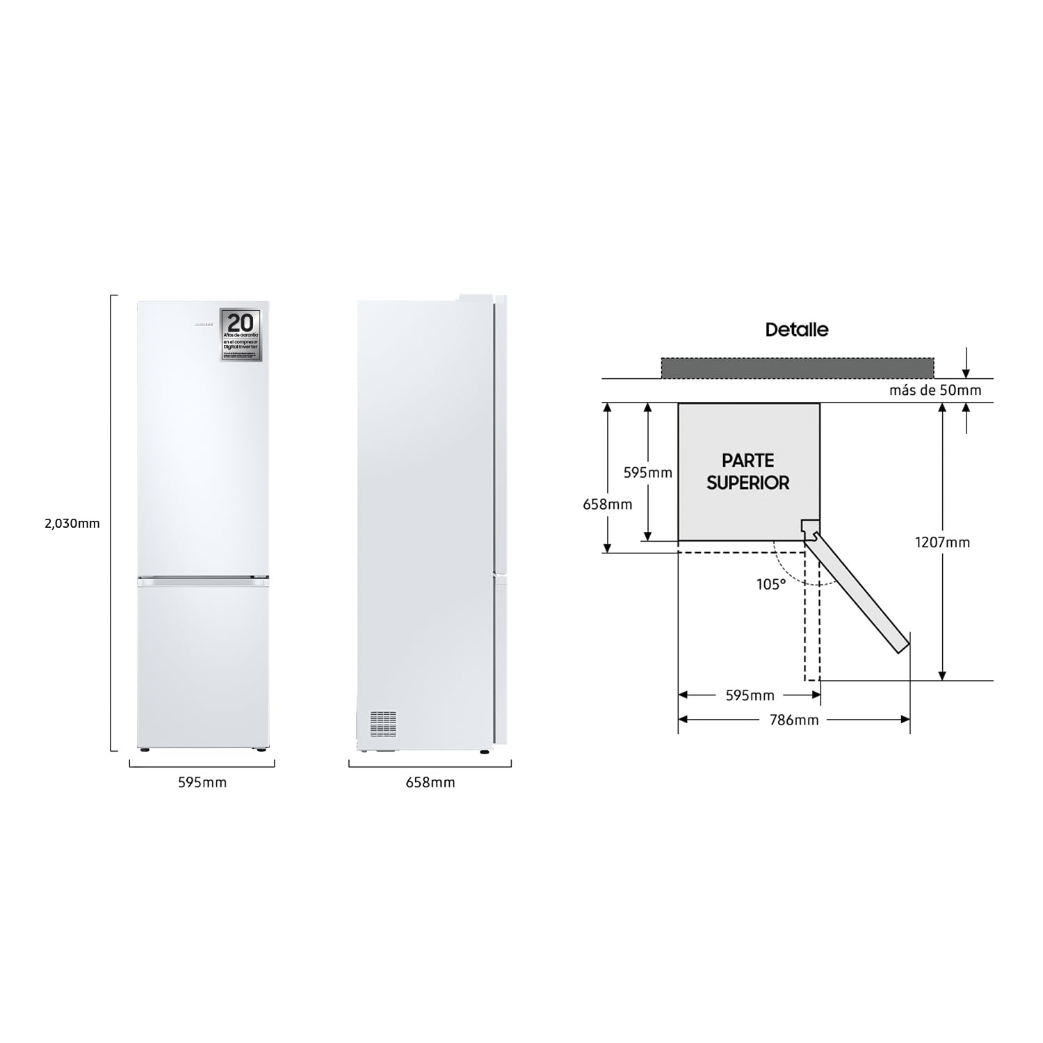 Samsung RB38C600EWW/EF - Frigorífico Combi 200cm - 390L, Clase E, Color Blanco - SmartThings AI Energy Mode, Tecnología SpaceMax™