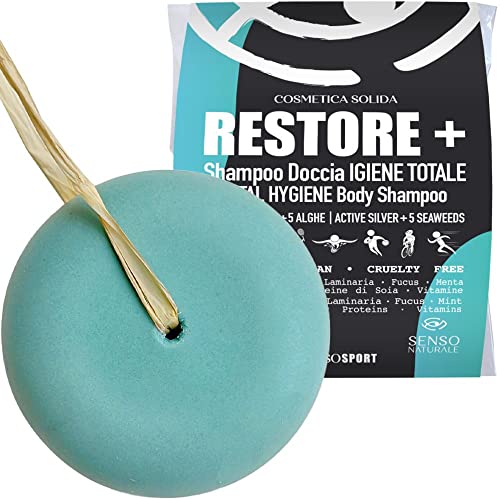 Senso Naturale Shampooing solide douche restaurant désinfectant et tonifiant pour sportifs avec argent actif et 5 algues réduit la fatigue, élimine les...