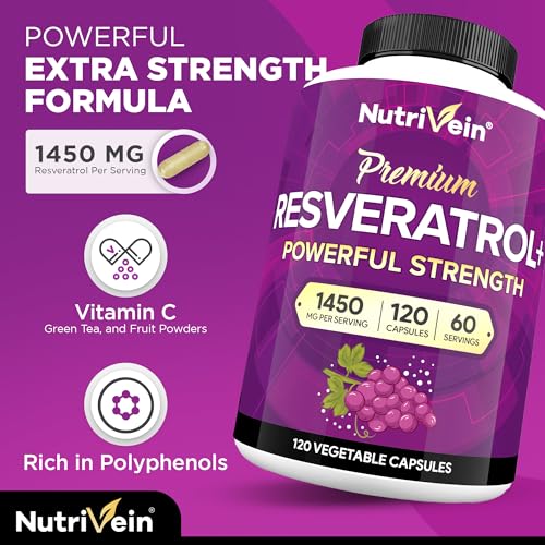 nutrivein premium resveratrol 1450mg - 120 caps pure trans resveratrol supplement enhanced with green tea leaf amp acai berry - aging defenses brain heart and joint support