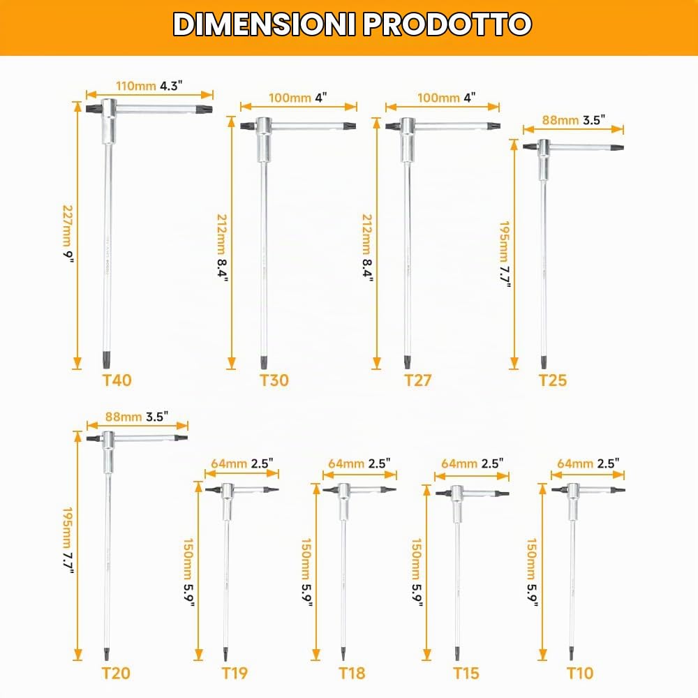 Hoteche Set di 9 chiavi Torx T8-T40 | CRV cromo vanadio | cromato opaco con impugnatura a T