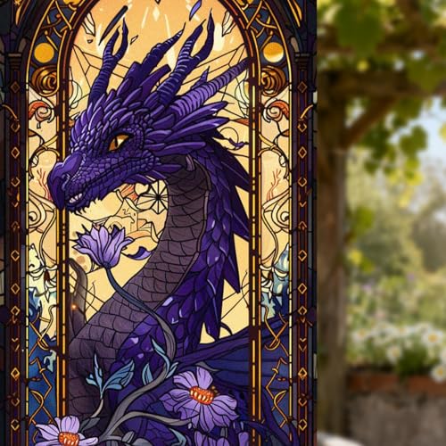 Image of Nuxovilar Stained Glass Window Film Dragon Floral Pattern PVC 17.7 x 39.4 Inches Window Clings for Glass Panel Privacy Decor for Game Room Study Entry Door