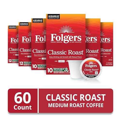 Image of Folgers Classic Roast Coffee, Medium Roast, Keurig K-Cup Pods, 10 Count Box (Pack of 6)