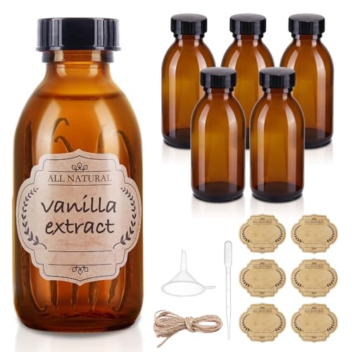 Elumeiro 6 Pack 4 oz Amber Glass Bottle with Lids Small Glass Vanilla Extract Bottles for Homemade Vanilla Extract Essential Oils Juice Potion Syrup Christmas Holiday Gift