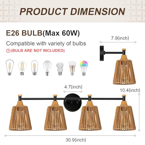 Image of Boho Bathroom Light Fixtures Over Mirror, 4-Light Farmhouse Vanity Lights | Handwoven Rattan Wicker Shades, Rustic Lighting for Bedroom Kitchen Hallway Restroom Bathroom