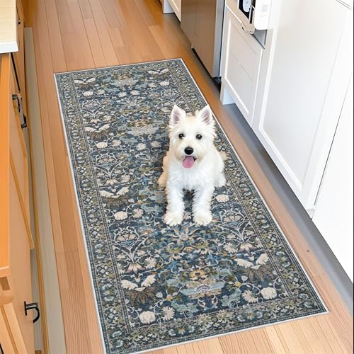 2x5 Decorative Vintage Hallway Runner: Washable Oriental Pet-Friendly Soft Carpet for Bathroom Bedroom Non-Slip Laudry Floor Mat - Low Pile Non-Shedding Rug for Apartments & Homes(2x5,Floral/Blue)