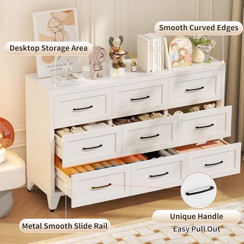 Image of Dresser for Bedroom, Chest of Drawers, 9 Drawers Metal Dresser with Anti-Tipping Device, White Closet Dresser for Living Room, Entryway, Hallway