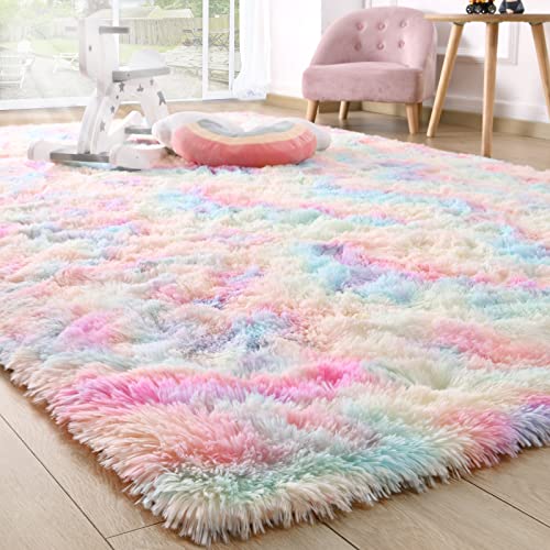 Image of Ompaa Soft Fluffy Rainbow Kids Rug for Girls Bedroom Carpets, 6x9 Feet, Pastel Unicorn Room Decor, Kawaii Tie Dye Rugs for Teens Dorm Aesthetic, Shaggy Nursery Area Rug for Baby Toddler Princess Room