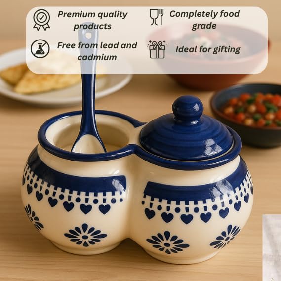 Image of Niyara Multipurpose Storage Ceramic Pickle set Jars & with Lid & tray (Set of 2, 300 ML) (Blue floral design)