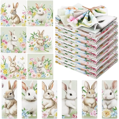 24 Pcs Easter Bunny Cloth Napkin Spring Flower Plant Soft Reusable Napkin 15 x 15 Inch Country French Cotton Dinner Towel Absorbent Decorative Washable Towel for Spring Summer Holiday Party Decoration