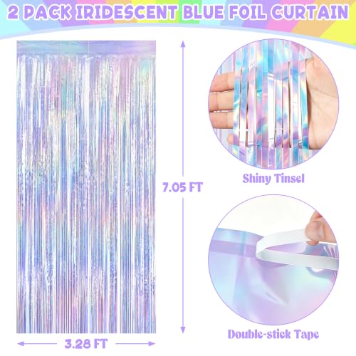 Image of ZATAYE 2 Pack Iridescent Blue Foil Curtain Streamer Decorations | Iridescent Blue, Metallic Foil, 3.28 x 7.05 FT, Tinsel Backdrop, Foil Curtain Streamer, Party Decor