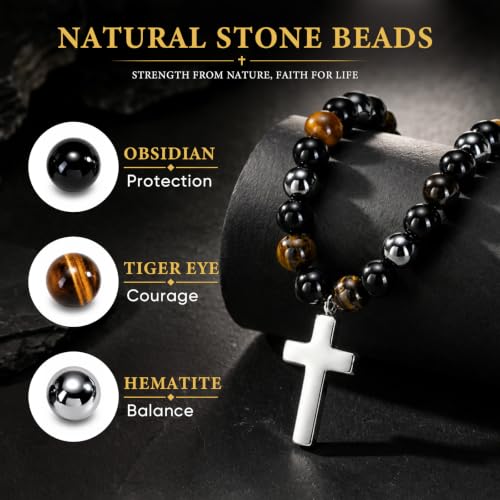 Beaded Cross Necklace Gifts for Men - Triple Protection Black Onyx Obsidian Tiger Eye Natural Stone Necklace Stainless Steel Cross Pendant Stress Relief Balance Faith Jewelry Gifts for Husband Dad Son - image 3