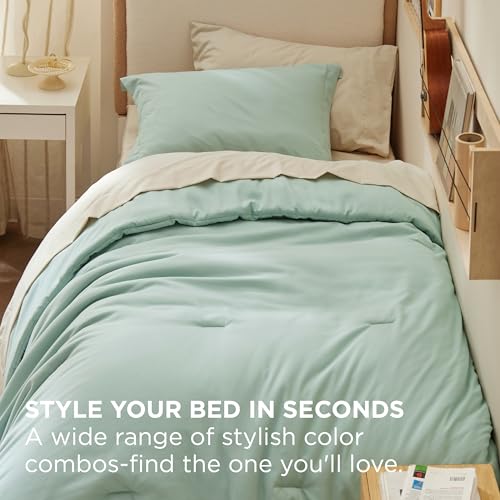 Image of Bedsure Twin XL Comforter Set - Extra Long 5 Pieces Sage Green Twin XL Bedding Set for All Seasons, Boho Contrasting Design Bed in a Bag with Comforter, Sheets, Pillowcase & Sham