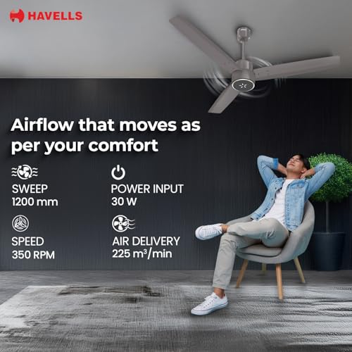 Image of Havells EPIC SIGNIA BLDC Ceiling Fan 1200mm, 5 star, LED Speed Indicator, 380 RPM, Up to 65% Savings,Reverse Rotation,4 Speed Modes,Low Wattage 30W, Low Noise,Air Flow:225 CMM, Stone Grey