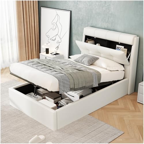 Lubvtti Cama tapizada 90x200cm,Cabecero con almacenaje Oculto,Cama con almacenaje,Cama Individual,Cama hidráulica con almacenaje,Estructura Cama 90x200 con somier de láminas,Blanco