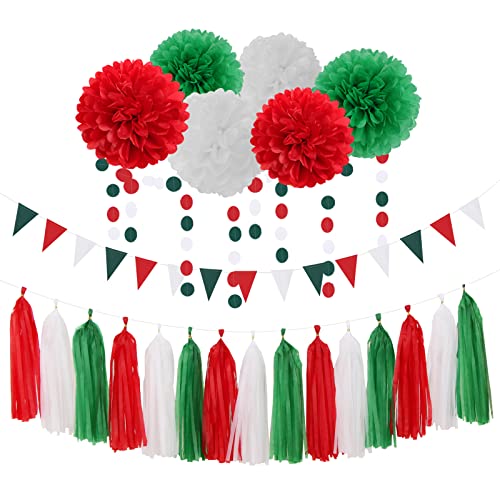 Image of Red-Green White Party-Decorations - 23pcs Mexico Italy Tissue Pom Poms Streamers,Tassel Garland Banner,Mexican Italian Birthday Wedding Baby Shower Decor Bunting Lasting Surprise