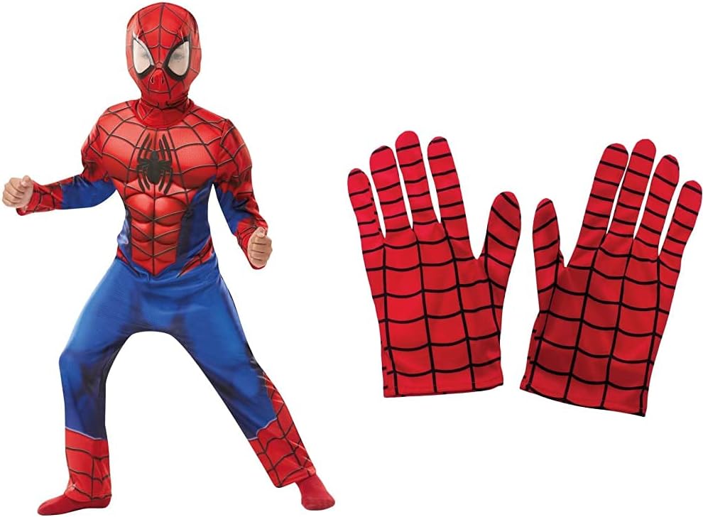 Rubie's Official Marvel Spider-Man, Deluxe Child Costume - Medium Age 5-6, Height 116 cm & Official Kiid's Spiderman Gloves Costume - One Size, Red
