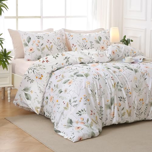 Image of MUXHOMO Garden Leaves Full Comforter Set, Elegant Floral Print Bed in a Bag 7 Pieces, Ultra Soft & Breathable Reversible Botanical Pattern Bedding Set with Comforter, Sheets, Pillowcases, and Shams