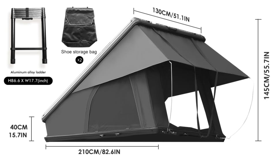 Hardshell Rooftop Tent, Car Roof Tent for Camping, Jeep, SUV, Van, with Aluminum Alloy Shell, 300D Oxford Cloth,3000mm Waterproof Rating, Mesh Windows, Mattress, Ladder, for 2-3 People, Black