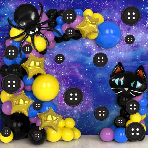 156 Pcs Button Eyes Balloon Garland Arch Kit Button Party Decorations Spider Black Cat Foil Balloons Buttons Purple Blue Yellow Black Balloons for Horror Cartoon Movie Theme Birthday Party Supplies