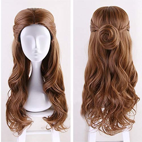 MQSS Schönheit und das Biest Belle Perücke für Frauen Damen Disguise Princess Beauty and The Beast Wig Natürlich Braun 60cm Perücke mit sanften Wellen in den Spitzen