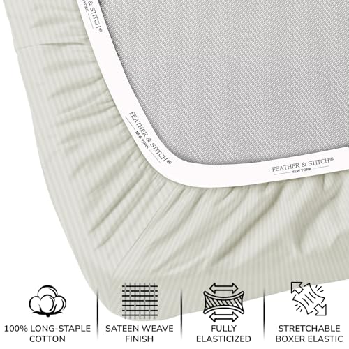 Image of Feather & Stitch 500 TC Split King Size Damask Bed Sheet Set, 100% Cotton Soft Breathable Bedsheets, 5 Piece 18 inch Deep Pockets Sateen Weave Striped Bedding Mattress Resort Hotel - (Blue Blush Stripe)