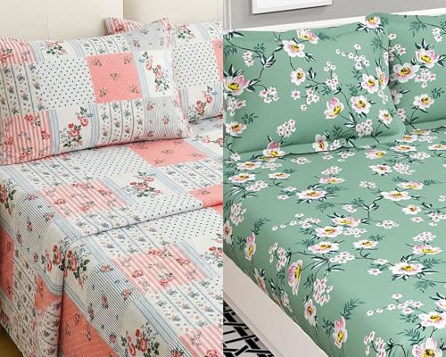 Image of VAS COLLECTIONS Cloud Cotton Double Bedsheet Combo Pack of 2 with 4 Pillow Covers, 210 TC Soft Breathable Cotton Double Bed Sheet Set, Floral Printed Bedsheet for Double Bed, 90 x 100 in (1, Multi D)