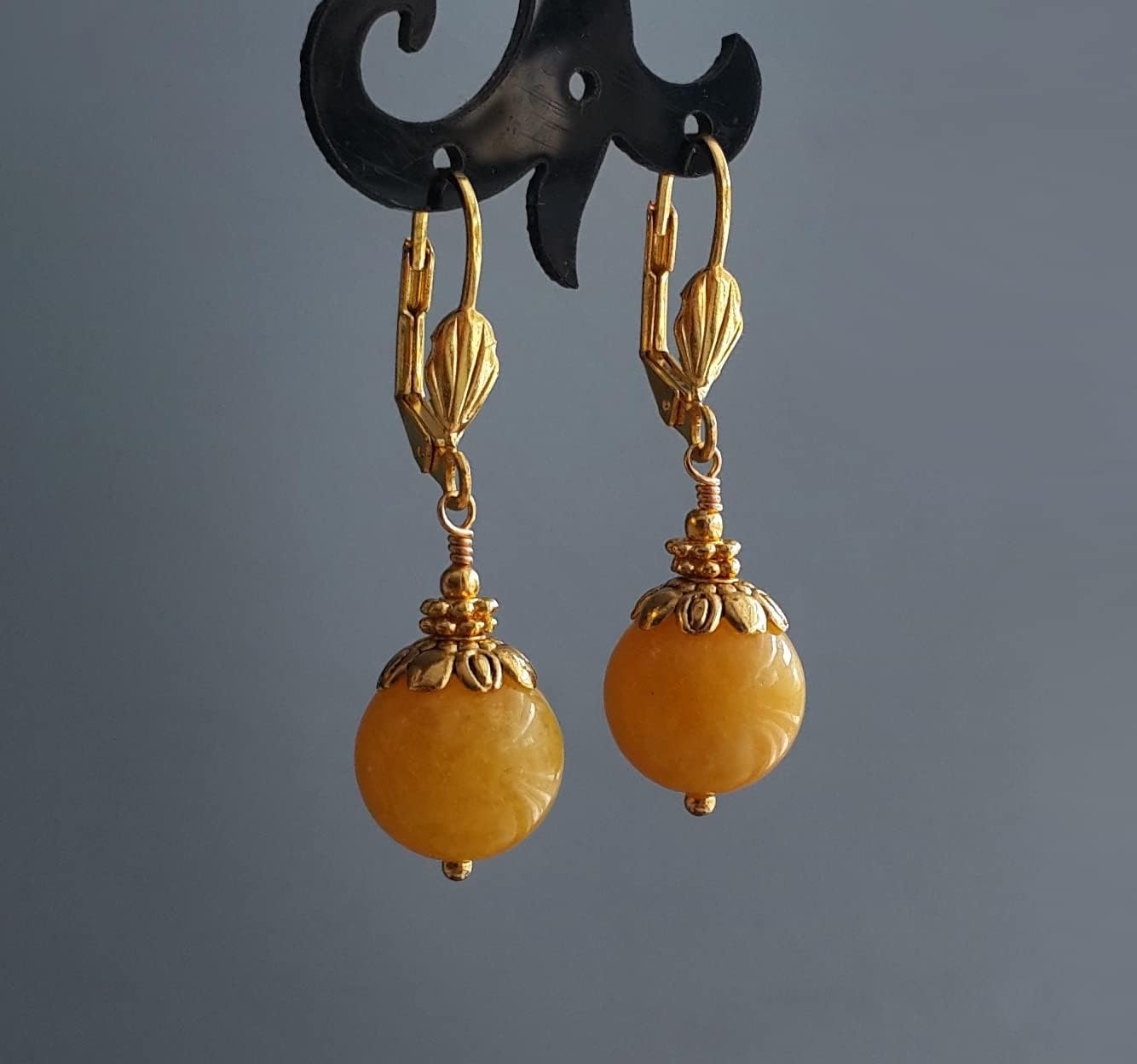 Yellow Agate Earrings Round Dangles Jewelry for Women Gold Plated Lever Backs in Gift Box - Image 2