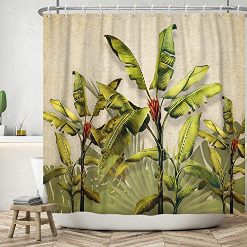 ASDCXZ Shower Curtain 180x200 cm, Vintage Tropical Green Banana and Palm Leaves Bath Curtain