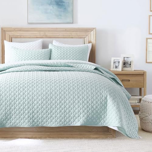 HORIMOTE HOME Quilt Queen Size Aqua Blue, Lightweight Quilt for Summer Ultra-Soft Microfiber Modern Style Quilted Clouds Pattern Bedspread Quit Set 3 Pieces