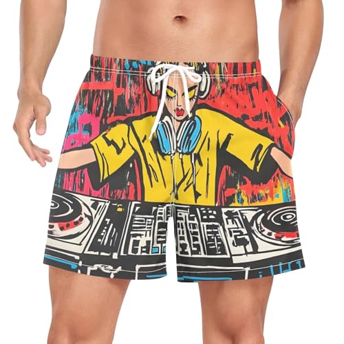 Mens Swim Trunks with Liner, Dj Woman Graffiti Cool Quick Dry Beach Swim Shorts, Swimwear Bathing Suits S