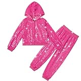 LOLANTA Niños Lentejuelas Hip Hop Traje de Baile Calle Ropa de Baile Conjunto Chaqueta Pantalón, Rosado, 11-12 años, 160