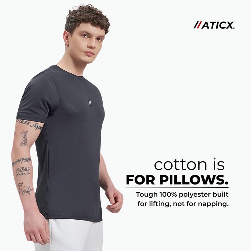Image of ATICX Slim Fit Polyester Sports T-Shirt for Men - Round Neck Quick Dry Fit Half Sleeve Breathable Stylish Gym & Workout Tee - Lightweight Running Cycling Football Swimming Training Sportswear Top