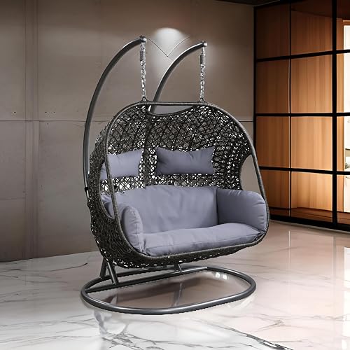 Image of Outdoor Swing for Balcony and Garden Two Seater with Stand & Cushion | Patio Hammock Jhula for Adults | Rattan and Wicker Swing Chair