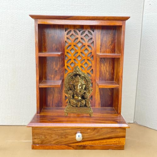 Image of Wudniture Sheesham Wood Ivara Handcrafted Home Mandir /Temple (Honey Finish, 64 cm) | Wooden Pooja Mandir for Home & Office