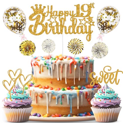 ZWWsullo Feliz Cumpleaños Decoración de la torta de oro Cake Topper Decoración 19 Cumpleaños Feliz Cumpleaños Cake Decoración de la torta 19 Cake Topper de la torta 19 Cumpleaños Mujer Hombres
