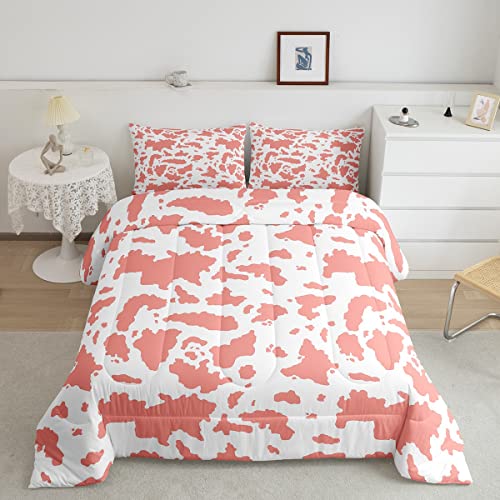 Erosebridal Pink Cowhide Comforter Set Farm Animals Kawaii Bedding Set,Bull Cattle Highland Cow Print Quilt Farmhouse Western Animal Skin Duvet Insert Twin,Kawaii Room Decor for Teen Girls