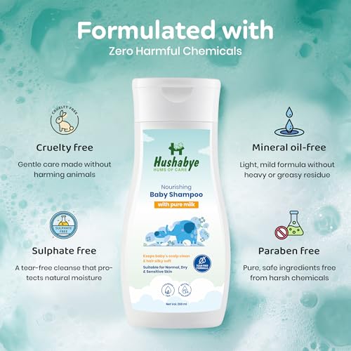 Image of Hushabye Head to Toe Baby Wash (200ml), Nourishing Shampoo (200ml), Premium Milk Wipes (72pcs) & Dusting Powder (100g) with Milk, for All Skin Types | Newborn Care Gift Set, Combo Pack of 5