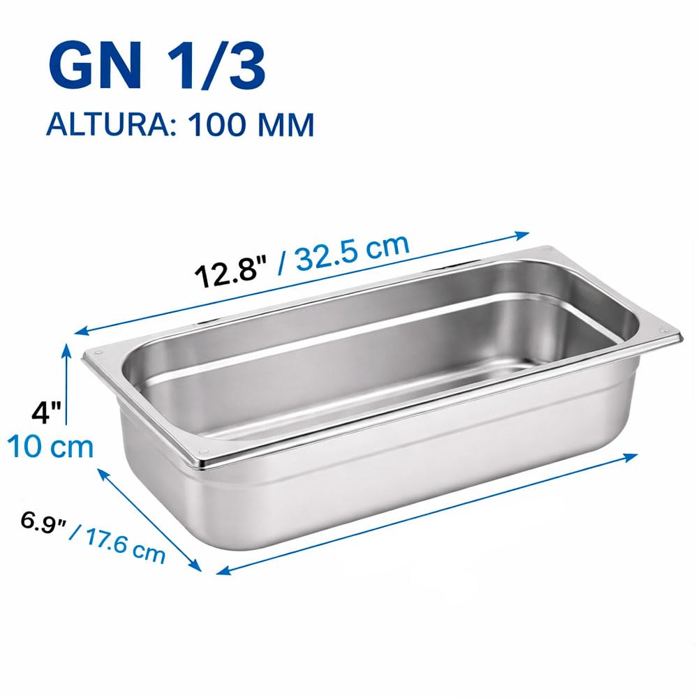 Cubeta Gastronorm Acero Inoxidable. Set 6 Unidades GN 1/3-100 mm de Altura.
