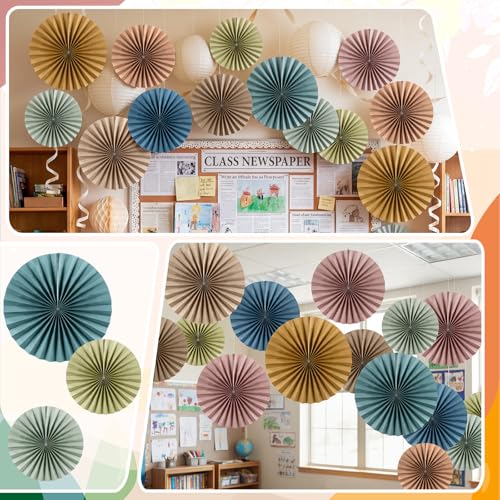 Image of 9 Pack Boho Paper Fan Decorations, Neutral Hanging Fans for Classroom Decor, Bulletin Board Party Backdrop, 8 /12 /16 Inch Foldable Round Ceiling Decor for Classroom Birthday Wedding Office