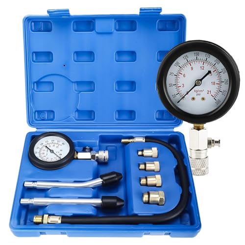 FreeTec 8 tlg Kompressionstester Kompressionsprüfer Kompressionsmesser Benzin mit Zündkerzentester Manometer und 4 Adapter M10 M12 M14 M18 Messen 0-20 bar oder 0-300 psi für KFZ LKW Auto Motorrad