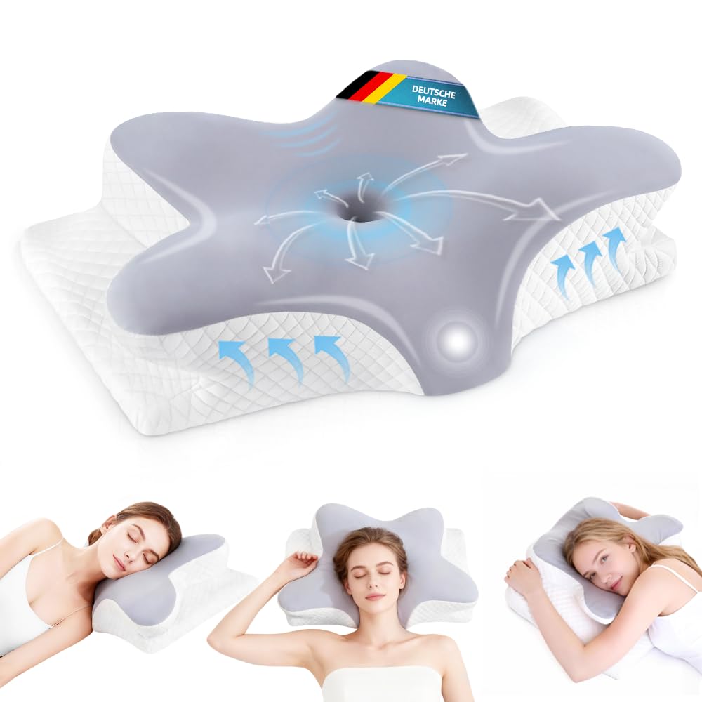 Infaebo Cuscino Cervicale Memory Foam Ergonomico, Cuscino Cervicale Ergonomico in Schiuma per Dormitori Laterali, Supini e Proni, 62x41x13/11 cm, Grigio