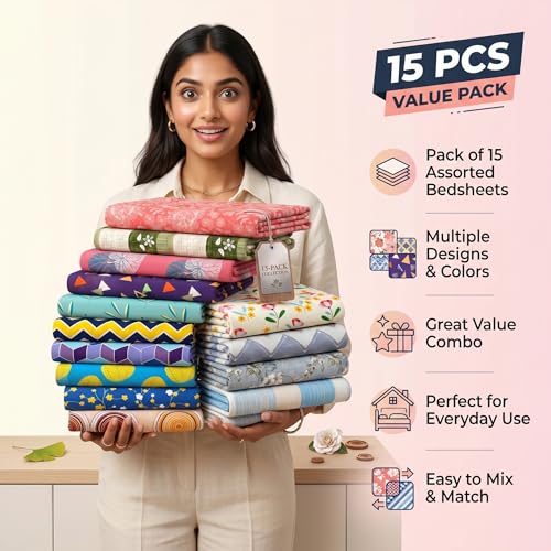 Image of VAS COLLECTIONS Cotton Feel Double Bedsheet 90x100 Inches | Bulk Bedding Set Pack of 15 with 30 Pillow Covers | Soft Breathable Printed Bed Sheets for Hotels, Hostels, PG, Home & Diwali Gifting