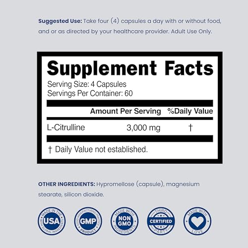 Image of L Citrulline 3000mg Supplement (240 Capsules) Support L Arginine & Nitric Oxide Pills - L-Citrulline For Men & Women - Muscle Recovery & Pump Supplement - 3rd Party Tested, Vegan, Non-GMO - USA Made