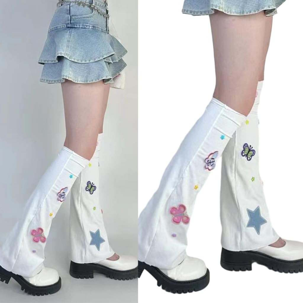 Women Ribbed Flared Leg Warmer Colorful Butterfly Star Patches Girl Leg Slouch Long Socks